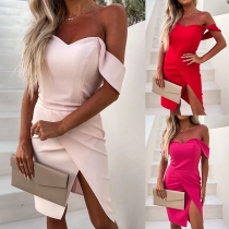 Sexig axelbandslös kortärmad oregelbunden kant med slits Klänning i Bodycon-stil