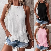 Mode enfärgad ärmlös blus med volanger i oregelbunden design