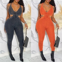 Sexig V-ringad knytning Slim-fit Ribbad Jumpsuit