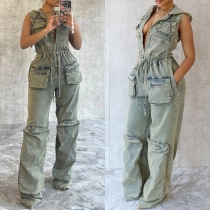 Elastisk dragsko i midjan Gammalt tvättad denim overall med omlott framstegsfickor