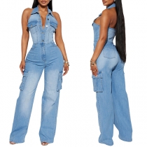Mode Halterneck V-ringad rygglös sidopläster Fickor i sidan Rak skuren gammaltvättad denim jumpsuit