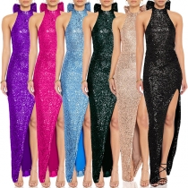 Glamorös bling-bling-paljett halterneck klänning med bowknot-look på baksidan