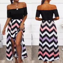 Attraktiv off-shoulder kortärmad klänning med vågtryck och slits