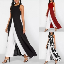 Kontrast Färg Ärmlös Jumpsuit med framre slits