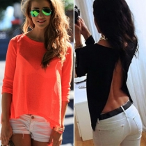 Sexy Backless 3/4 Sleeve Solid Color Loose Tops