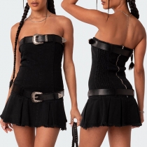 Sexig axelbandslös Bodycon Ruffle klänning med bälte