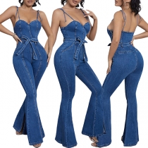 Sexig Sweetheart Halsband Självknytande Axelband Främre Slits Denim Jumpsuit med Vida Ben och Bälte