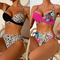 Sexig kontrastfärg blommönster tryckt sida Dragsko Tvådelad Bikini Set