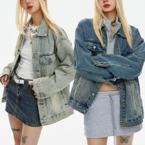 Vintage ståkrage långärmad Retro tvättad denim jacka