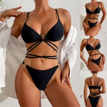 Sexig O-ring Cross-Criss Självknytande Tvådelad Bikini Set
