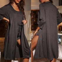 Bekväm enfärgad tredelad Loungewear Set med kofta, crop top och shorts