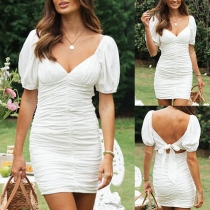 Mode Enfärgad V-ringad Kortärmad Rynkad Bodycon Klänning