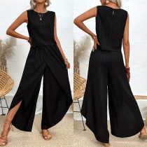 Enfärgad tvådelad set med Crop Top och vida byxor