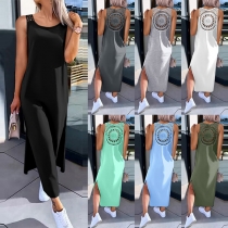 Bohemia Stil Rund Hals Blommig Utskärning Slits Tank Klänning