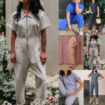 Avslappnad Halvdragkedja Ståkrage Kortärmad Patchfickor Jumpsuit
