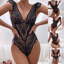 Sexig V-ringad ärmlös rygglös halvtransparent spetsunderkläderbody