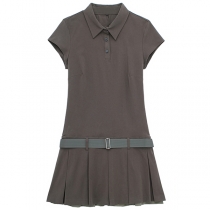 Elegant Stand Collar Kort Ärm Plisserad Kjol med Bälte