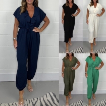 Stilren enfärgad volang V-ringad kepsärm jumpsuit