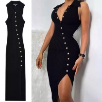 Mode Ståkrage V-ringad Ärmlös Snedknäppning och Sidoslits Bodycon Klänning