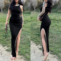 Mode kontrastfärg ärmlös rund hals sidoslits bodycon klänning
