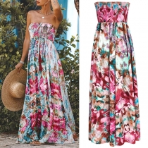 Bohemisk stil blommig mönstrad axelbandslös smockad bodice maxiklänning