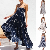 Modern blommig tryckt fyrkantig hals Rygglös asymmetrisk kant Cami Maxi Klänning