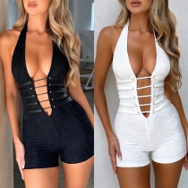 Sexig Djup V-ringad Halterneck Snörning Rygglös Jumpsuit