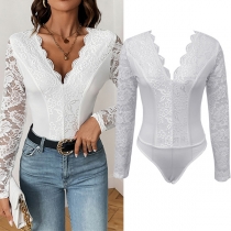 Sexig V-ringad långärmad bodysuit med spetsdetaljer