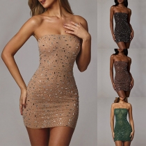 Sexig Rhinestone Bling-bling Axelbandslös Bodycon Festklänning
