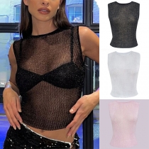 Sexig ärmlös crop top med rund hals och halvgenomskinlig design