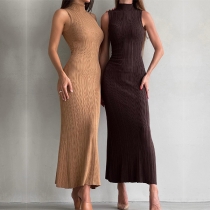 Elegant Hög Hals Ärmlös Bodycon Ribbstickad Klänning