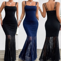 Sexig ärmlös Fishtail Jacquard Spets Bodycon Maxiklänning med fyrkantig hals