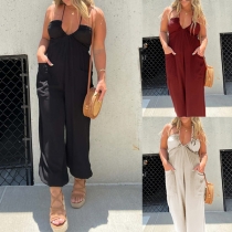 Sexig Halterneck V-ringad Smockad Rygglös Patchfickor Lös Jumpsuit