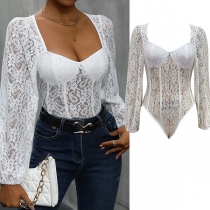 Sexig Hjärtformad Urringning Puffärm Långärmad Rygglös Bodysuit