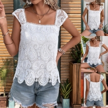 Stil fyrkantig hals kort ärm paisley mönstrad spetsskjorta