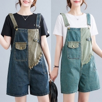 Modisch Farbkontrast Patch-Taschen Vintage-Waschung Denim Latzhose