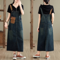 Moderiktig Patch-fickor Gamla-tvättad Denim Hängselklänning
