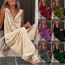 Ärmlös jumpsuit med huva och enfärgad framknappdesign för avslappnad stil