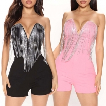 Sexig axelbandslös V-ringad Tofs Jumpsuit