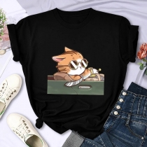 Casual Rundhals Kurzarmshirt mit Katzendruck