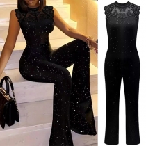 Mode Bling-bling Spets Splits Rund hals Ärmlös Jumpsuit med vida ben
