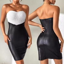 Sexig kontrastfärgad 3D-blommig konstläder PU axelbandslös Bodycon-klänning