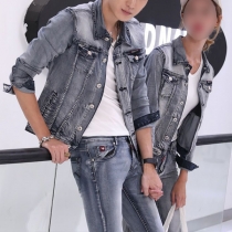 Unisex mode tvådelat jeansset i vintage tvätt, inklusive jacka och byxor