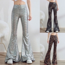 Retro Metallic Fiskfjällmönstrade Högmidjade Utsvängda Byxor