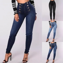 Trendiga dubbelknäppta högmidjade elastiska jeans