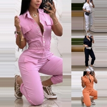 Modestativ krage Kortärmad Frontknäppning Dragsko Midja Patchfickor Jumpsuit