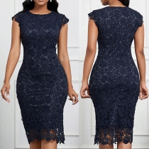 Elegant Rund Halslinning Ärmlös Bodycon Jacquard Spetsklänning