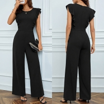Elegant Crew Neck Volang Ärmlös Rakt Skuren Overall