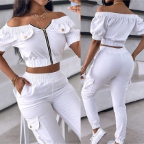Fashiona tvådelade set med off-the-shoulder Crop Top och åtsittande byxor med sidofickor