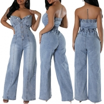 Sexig off-shoulder knapp rak skuren vintage tvättad denim jumpsuit